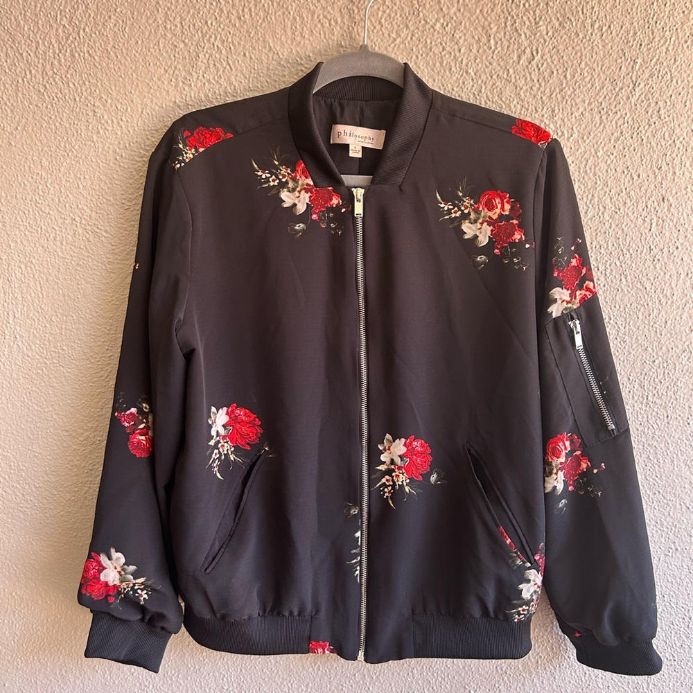 Philosophy Black Bomber Jacket with Red Floral Design